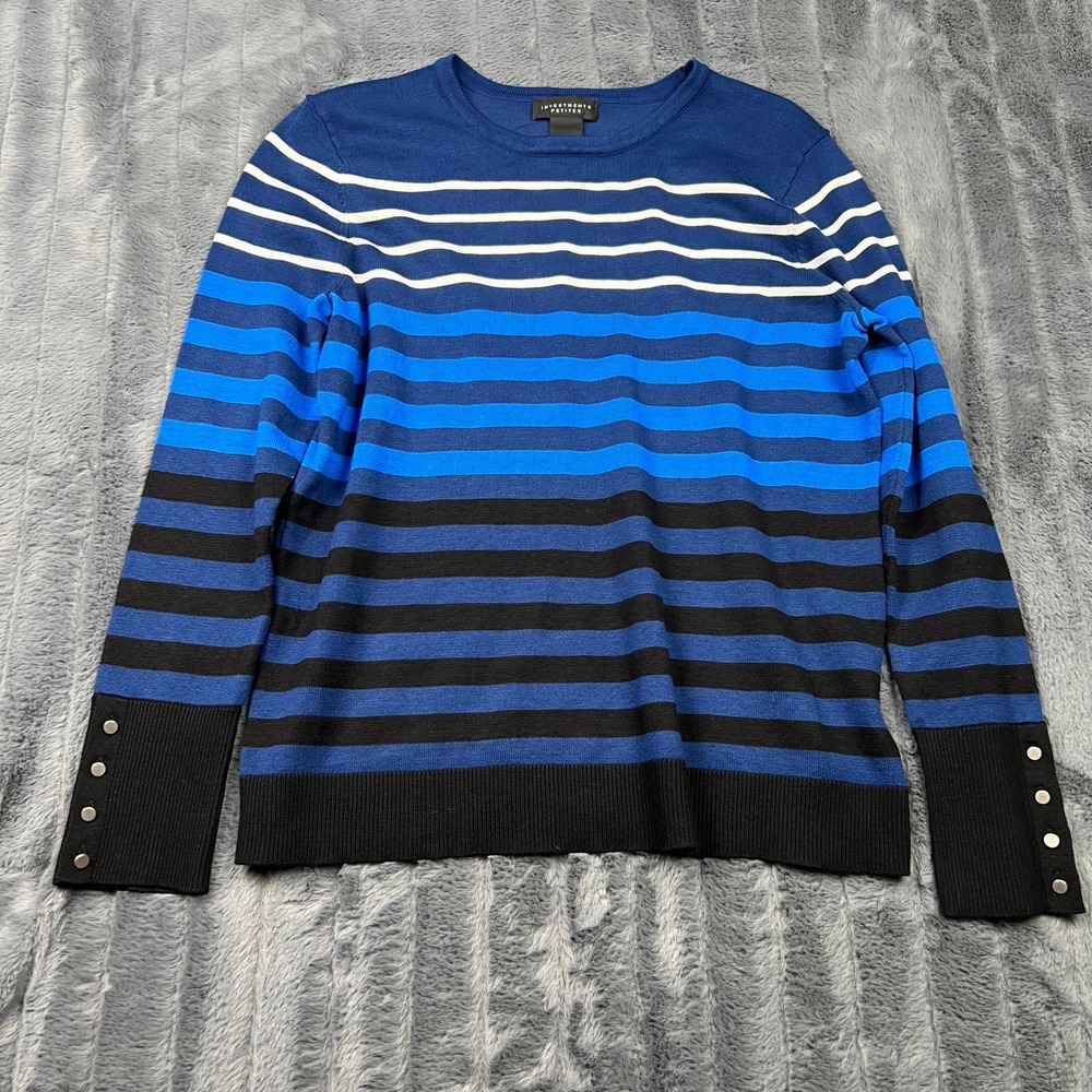 Investments Petites Blue Black Striped Button Cuff Crew Neck Sweater PM 12253